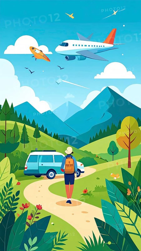 Traveling and hiking in mountain landscape, abstract vector illustration, AI generated image