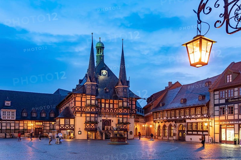 The town hall and market square in Wernigerode at dusk, Saxony-Anhalt, Germany