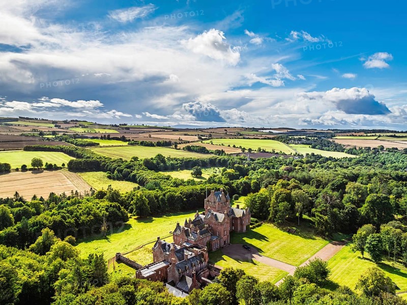 Ayton Castle from a drone, Ayton, Eyemouth, Scottish Borders, Scotland, UK