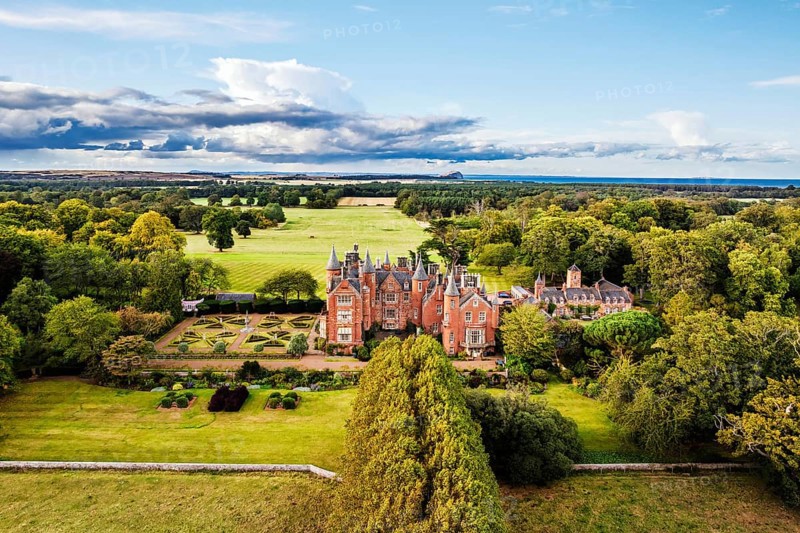 Tyninghame House over River Tyne from a drone, East Lothian, Scotland, UK
