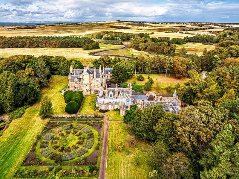 Luffness Castle from a drone, Aberlady, East Lothian, Scotland, UK