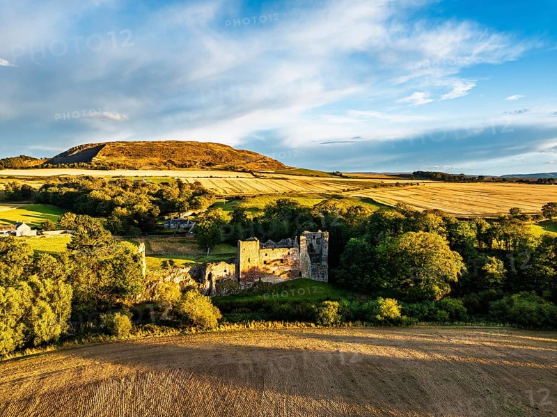 Ruins of Hailes Castle over River Tyne from a drone, East Linton, East Lothian, Scotland, UK
