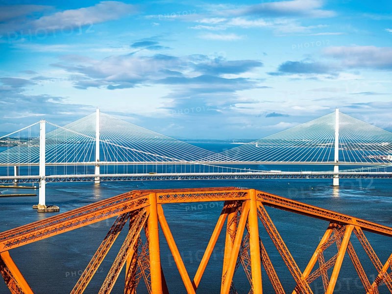 Forth Bridge from a drone, Queensferry Crossing, Forth Estuary, Scotland, United Kingdom