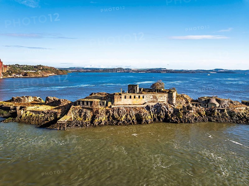 Inch Garvie Castle from a drone, Forth Bridge, Queensferry Crossing, Forth Estuary, Scotland, United Kingdom