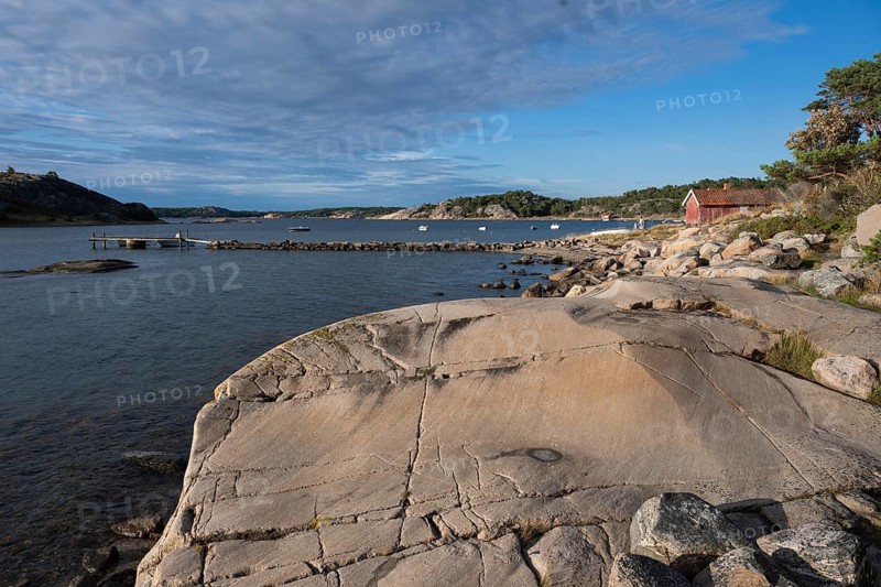 Falun red or Swedish red boathouse, Bohus granite, Resö island, Bohuslän, Skagerrak, Sotenäs, Västra Götalands län, Sweden