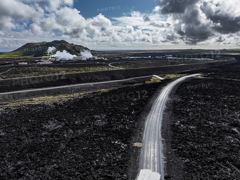 Lava, lava field, road, destroyed, summer, cloudy, sunny, aerial view, Blue Lagoon, Sundhnúkur crater series, Fagradalsfjall, Reykjanes, Iceland