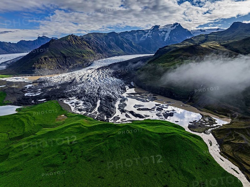 Ice floes, glacier, glacier tongue, glacier lake, sunny, cloudy, morning mood, mountains, reflection, aerial view, summer, Svinavellsjökull, Skaftafell, Vatnajökull National Park, Iceland