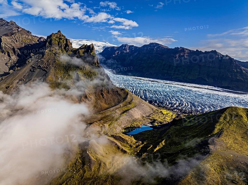 Glacier, glacier tongue, sunny, morning mood, mountains, fog, aerial view, summer, Kviarjökull, Vatnajökull, Iceland
