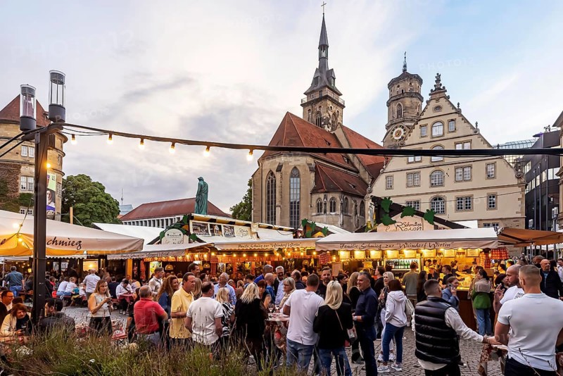Stuttgart wine village, wine festival on Schillerplatz and Marktplatz in the centre of the state capital. Stuttgart, Baden-Württemberg, Germany