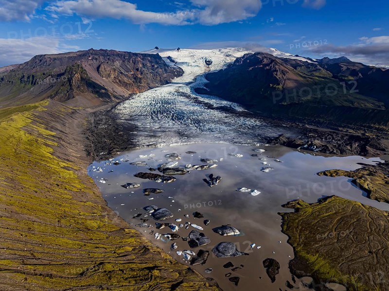 Ice floes, glacier, glacier tongue, glacier lake, sunny, morning mood, mountains, reflection, aerial view, summer, Kviarjökull, Vatnajökull, Iceland
