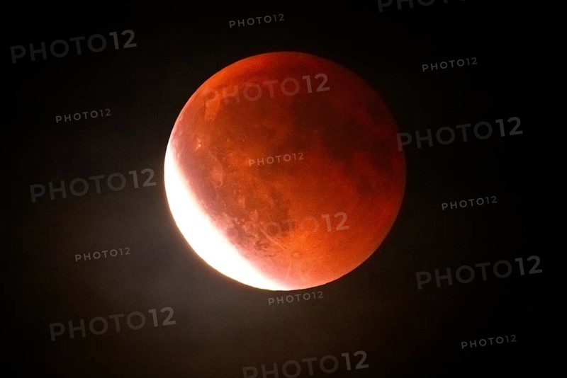 After a total lunar eclipse, the moon appears shortly after its rise in the evening sky as a so-called blood moon in front of it then begins to emerge from the Earth's umbra, Frankfurt am Main, Hesse, Germany