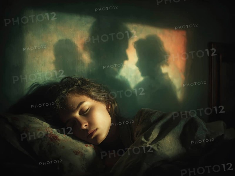 Sleeping woman with mystical shadow silhouettes in the background, symbolic image for sleep, event management, dream, mental activity during sleep, AI generated, AI generated