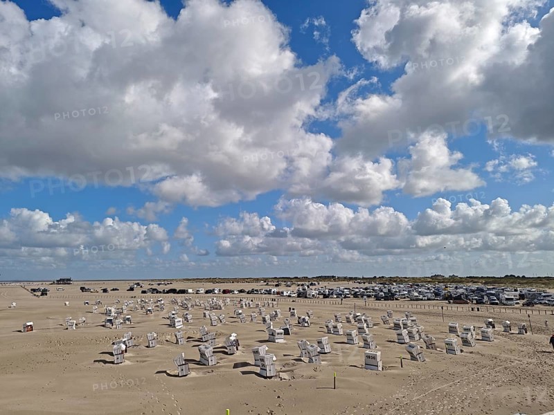 North Sea beach, car park, blue sky, white clouds, summer, sun, sand, beach chairs, on the edge of the UNESCO World Heritage Site, Ording, Sankt Peter-Ording, Schleswig-Holstein, Germany