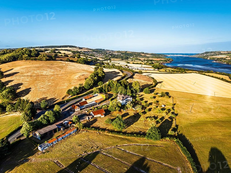 Farms and Fields over River Teign and Teignmouth Road from drone, Newton Abbot, Devon, England, United Kingdom