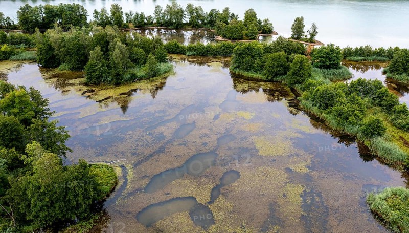 Aerial view, islands in the Drau, river, Brenndorf bird sanctuary, Carinthia, Austria