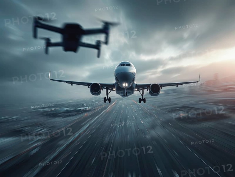 Ein Quadrocopter, Drohne, droht mit einem startenden Verkehrsflugzeug zu kollidieren, während ein Fernpilot das Fluggerät illegal über einer Startbahn eines Flughafens bewegt. Symbolbild für illegaler Drohnenbetrieb in der Flugverbotszone, Missachtung von Flugverbotszonen Kontrollierter Luftraum, Flugverbot, Betriebsverbot, gefährlicher Eingriff in den Luftverkehr, Flugverkehr, Luftfahrtrecht, AI generiert, AI generated