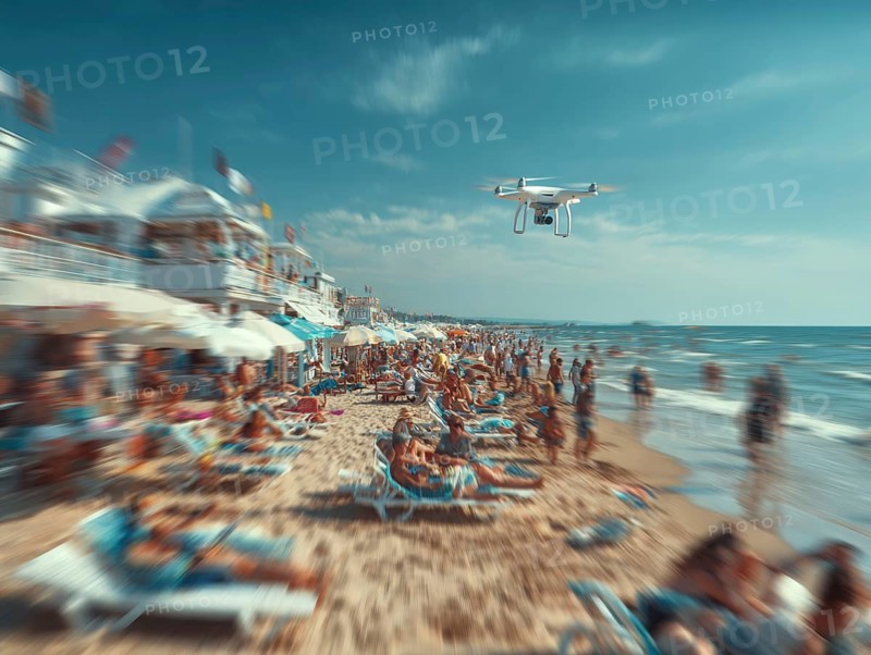 Ein Fernpilot steuert sein Quadrocopter, Drohne über einen dicht besetzten Badestrand, um illegale Videoaufnahmen oder Fotos zu erstellen, Symbolbild für unbefugtes Fotografieren von Personen, innerhalb eines geschützten, abgeschirmten Bereiches, Verletzung der Privatsphäre, Persönlichkeitsrechte, Missachtung von Flugverbotszonen, Flugverbot über Menschenmengen, Versammlungen, Datenschutz, AI generated