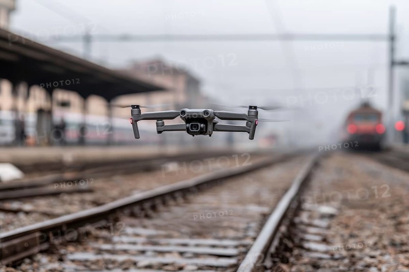 Ein Fernpilot steuert sein Quadrocopter, Drohne illegal über Bahnhofsgelände, Bahngelände, Bahnschienen, Symbolbild für illegaler Drohnenbetrieb über Bahnanlagen, kritische Infrastruktur, Kontrollierter Luftraum, Flugverbot, Betriebsverbot, gefährlicher Eingriff in den Bahnverkehr, AI generiert, AI generated