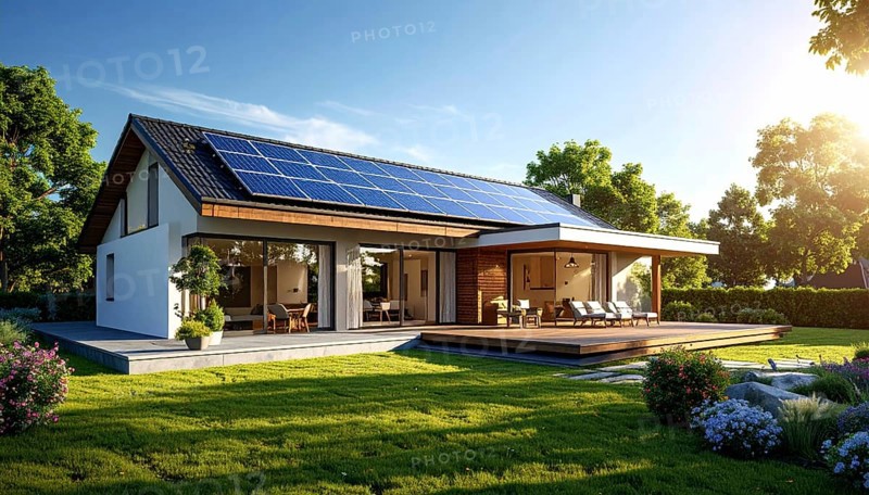 Residential house with solar panels on the roof, beautiful sunrise, AI generated