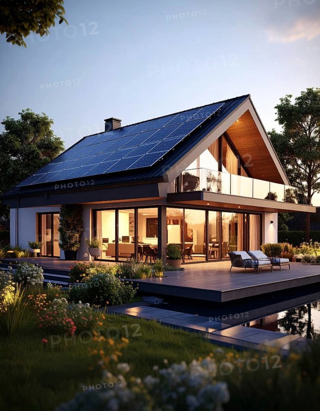 Residential house with solar panels on the roof, beautiful sunrise, AI generated