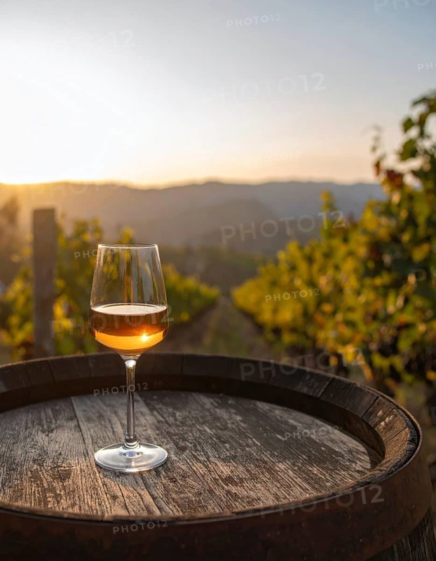 Glass of 10-year-old tawny wine placed on a barrel in a vineyard restaurant, AI generated