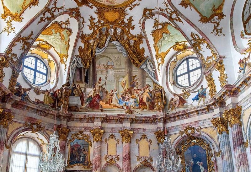 Interior design and exhibition rooms in the Würzburg Residence, imposing 18th century palace with frescoes, paintings and valuable works of art, Würzburg, Bavaria, Germany