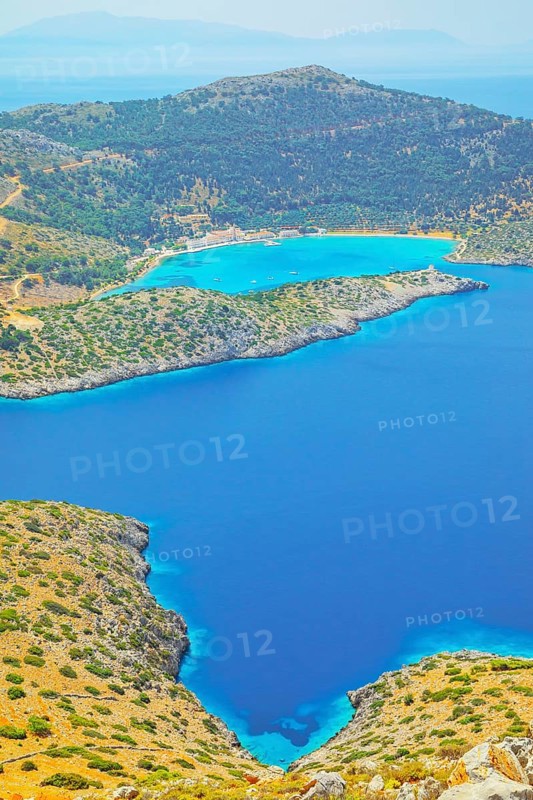 Panormitis bay, high angle view, Panormitis, Symi Island, Dodecanese Islands, Greece