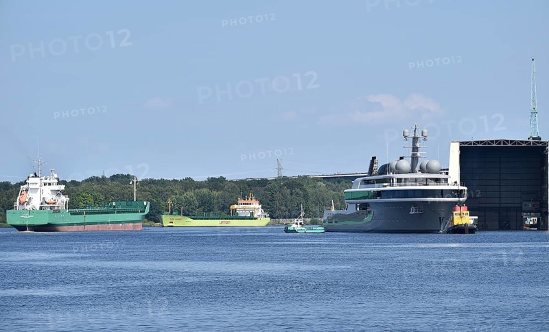The new superyacht COSMOS leaves the Lürssen shipyard near Rendsburg for the Kiel Canal, Kielkanal, Kiel Canal, Schleswig-Holstein, Germany