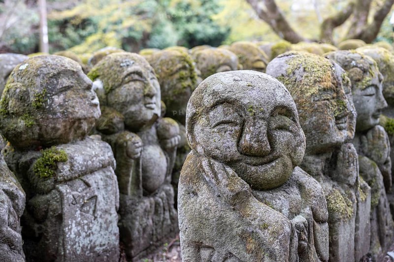 Rakan statues at Otagi Nenbutsuji Temple, stone, moss-covered, Ukyo-ku, Kyoto, Kyoto Prefecture, Japan