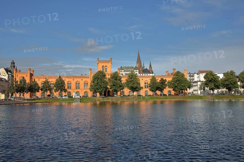 Pfaffenteich with arsenal, church tower of St Paul's Church, shore, lake, Schwerin, Mecklenburg-Western Pomerania, Germany