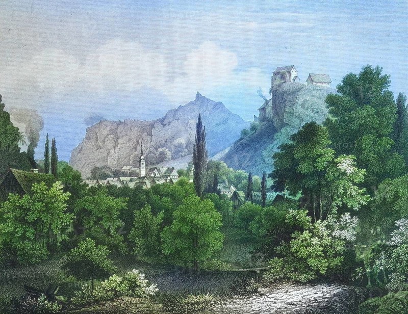 Castle and town of Pottenstein, climatic health resort, Franconian Switzerland, around 1850, district of Bayreuth, Upper Franconia, Bavaria, Germany, digitally enhanced reproduction from a 19th century original, coloured, historical, exact date unknown