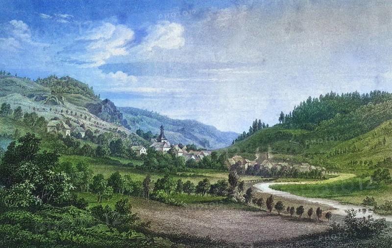 Muggendorf, climatic health resort, around 1850, Franconian Switzerland, district of Forchheim, Upper Franconia, Bavaria, Germany, digitally enhanced reproduction from a 19th century original, coloured, historical, exact date unknown