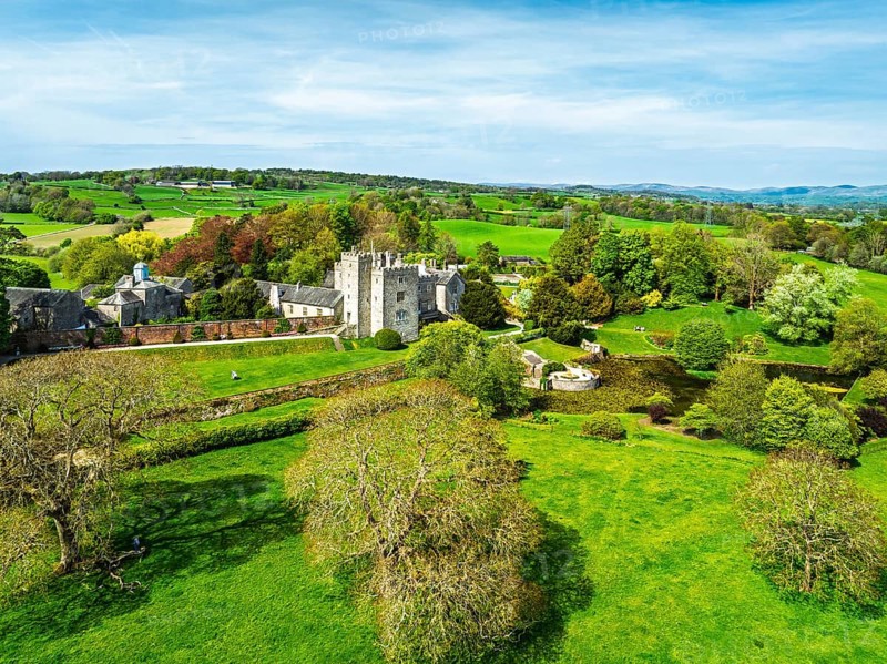 Sizergh Castle from drone, Helsington, Cumbria, England, United Kingdom