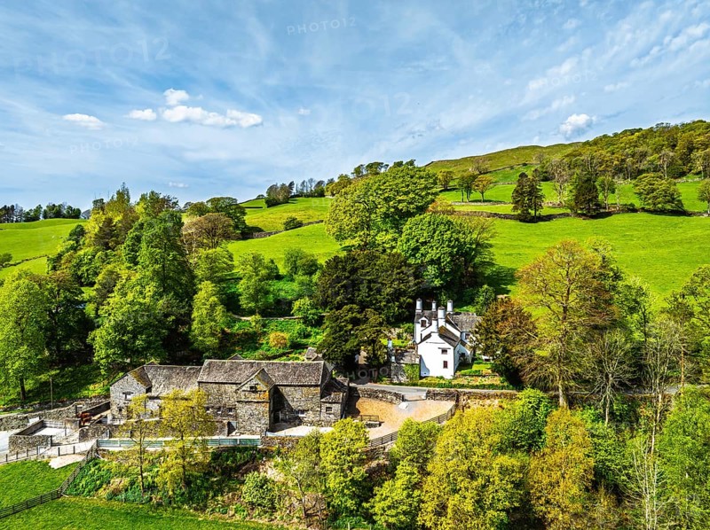 Farms and Fields from a drone, Townend house, Troutbeck, Windermere, Lake District, Cumbria, UK