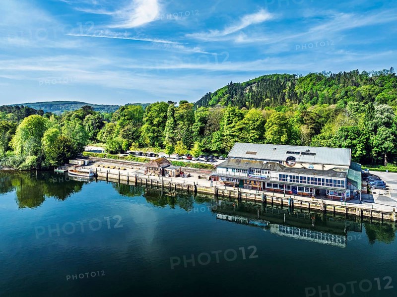 Windermere Lake from drone over Fell Foot Park, Lake District, Cumbria, England, United Kingdom