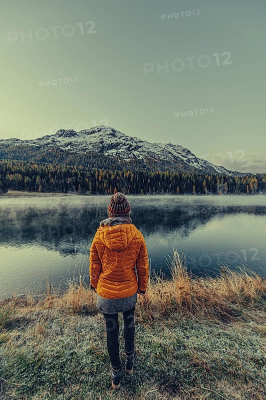 Autumn atmosphere on a cold morning in the Engadin in the Swiss Alps