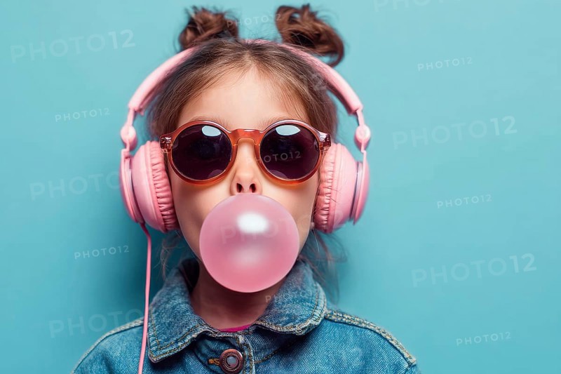 Child in a big headphones and bubble gum, AI generated