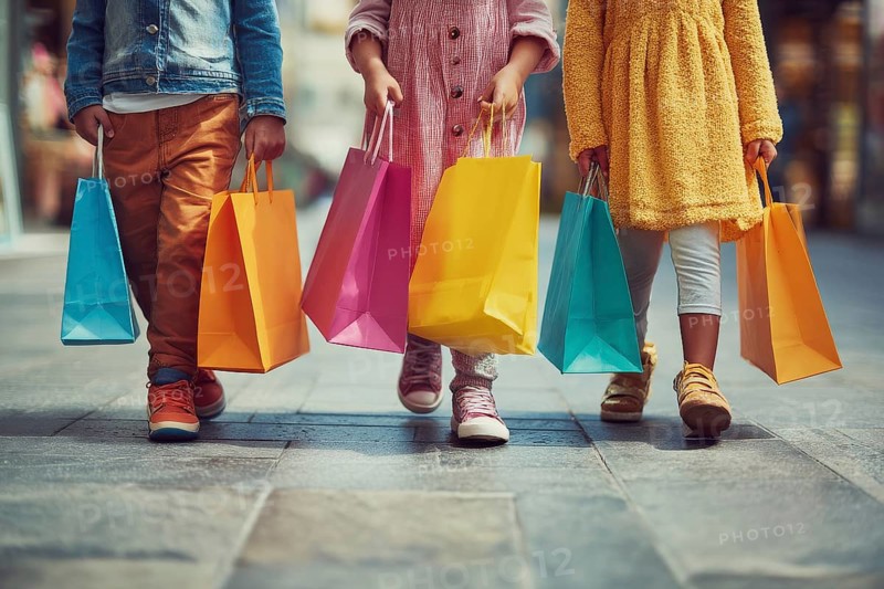 Children with colourful shopping bggs, AI generated