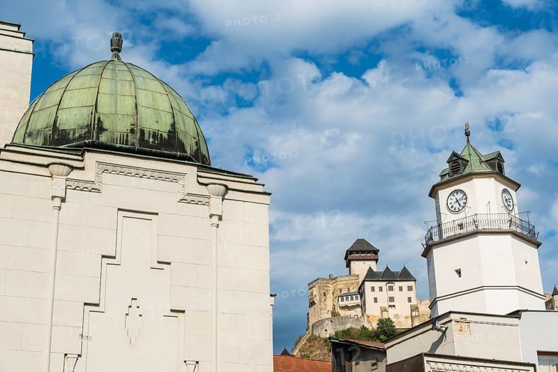 Neologue Synagogue by Berlin architect Richard Scheibner in the Capital of Culture 2026, in the background the city tower and Trencín Castle, Slovakia