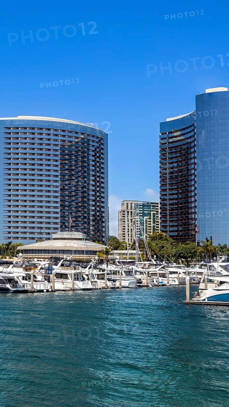 USA, California, San Diego Bay marina and Seaport Village in downtown near Gaslamp Quarter