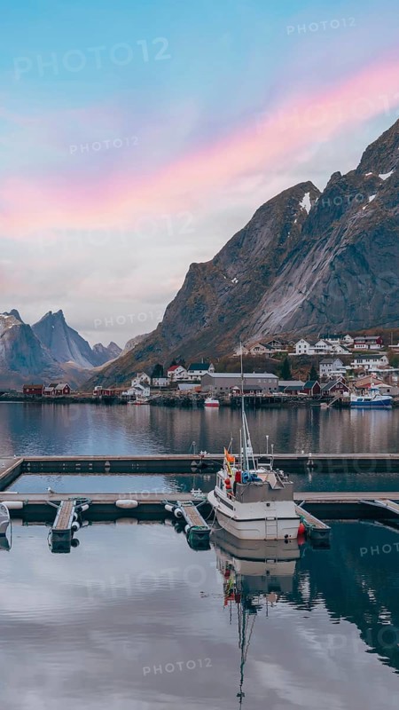 Beautiful Reine fishing village, scenic dramatic views of Lofoten islands in Norway