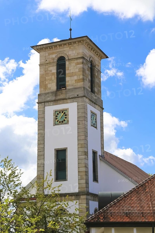 Protestant church, church, sacred building, church square, church tower, clock, Gomaringen, district of Tübingen, Baden-Württemberg, Germany