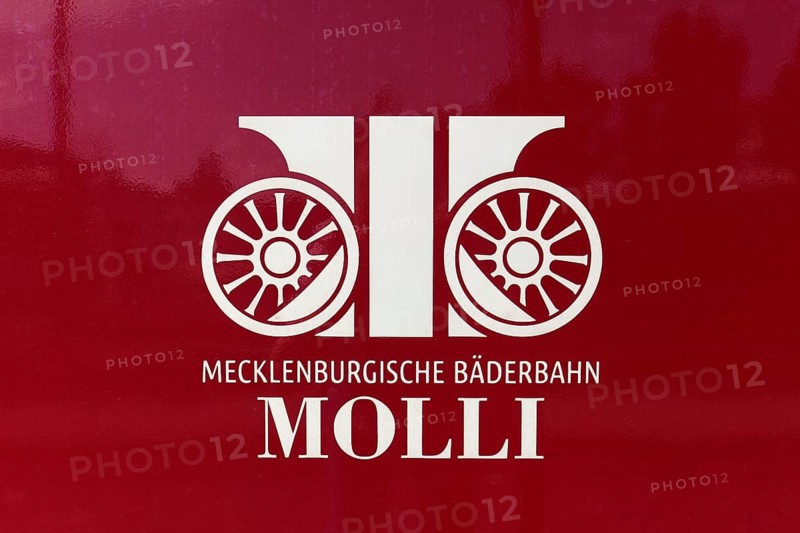 Mecklenburgische Bäderbahn Molli, logo on carriage, Baltic resort Kühlungsborn, Baltic Sea, Mecklenburg-Western Pomerania, Germany