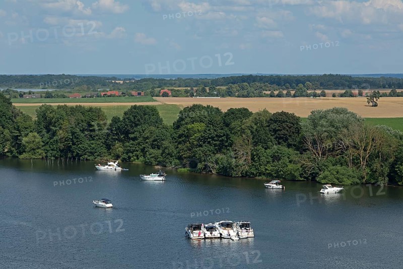 View from the tower of St Mary's Church, motor yachts, Müritz, lake, trees, Röbel, Mecklenburg Lake District, Mecklenburg-Western Pomerania, Germany