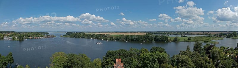 Panoramic view from the tower of St Mary's Church, Photomerge, Müritz, lake, boats, boathouses, holiday homes, Röbel, Mecklenburg Lake District, Mecklenburg-Western Pomerania, Germany