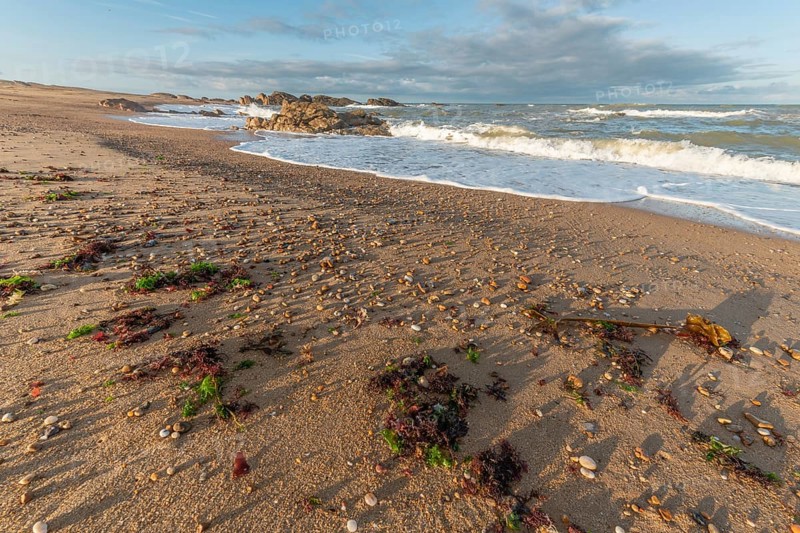 The waves crash gently against a rocky shoreline at sunset, creating a tranquil atmosphere. The sandy beach is strewn with pebbles and surrounded by a beautiful sky. Plage de l'Aubraie, Les Sables d'Olonne, Vendee, France