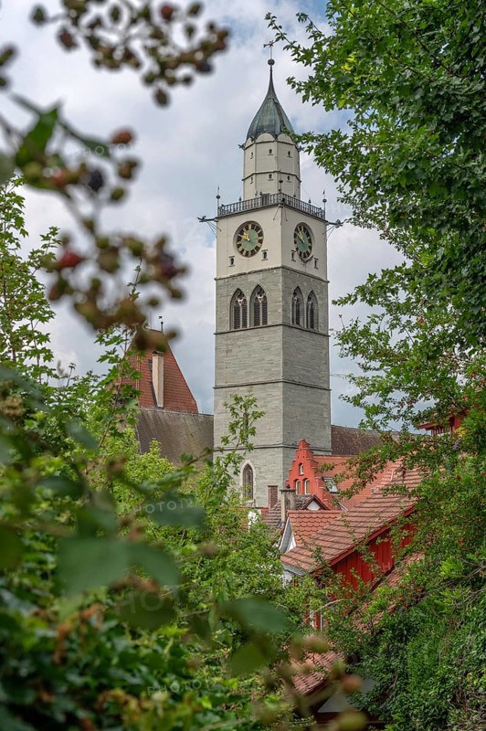 Tower of Überlingen Minster, St Nicholas, built in 1350 and 1576 in the late Gothic style, Überlingen, Baden-Württemberg, Germany