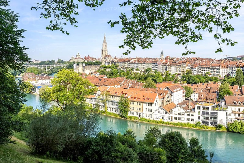 Bern City on the River Aare Old Town with Bern Minster Church in Bern, Switzerland