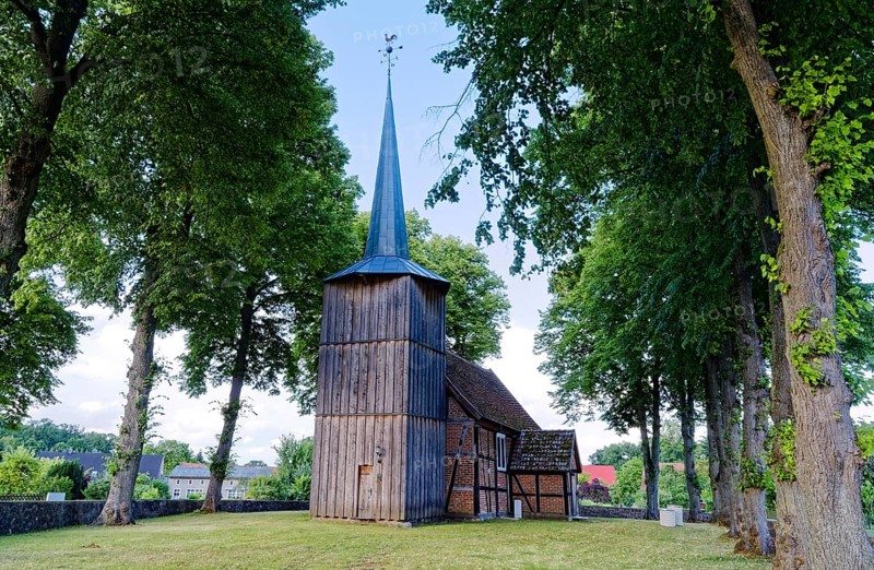 Prorep village church, a half-timbered church with a wooden tower, in the village centre. Porep is a district of the town of Putlitz in the district of Prignitz in Brandenburg, Germany