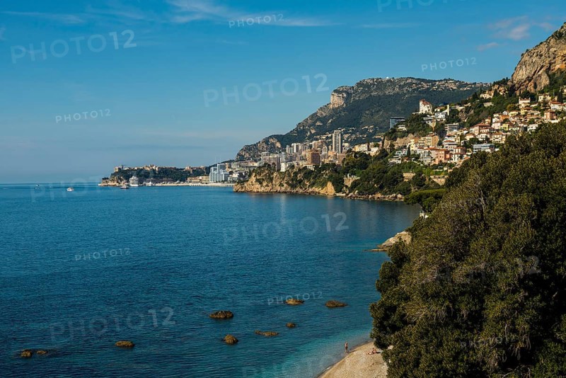 View of Roquebrune and Monaco, Plage du Golfe Bleu, Alpes Maritimes, Provence Alpes Cote d'Azur, French Riviera, South of France, France